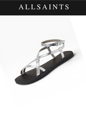 ALLSAINTS TYLA SILVER LEATHER STRAPPY FLAT SANDALS ANKLE WRAP NIB SIZE EU 36/6